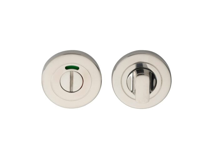 Two chrome bathroom occupancy indicator locks, isolated on white.