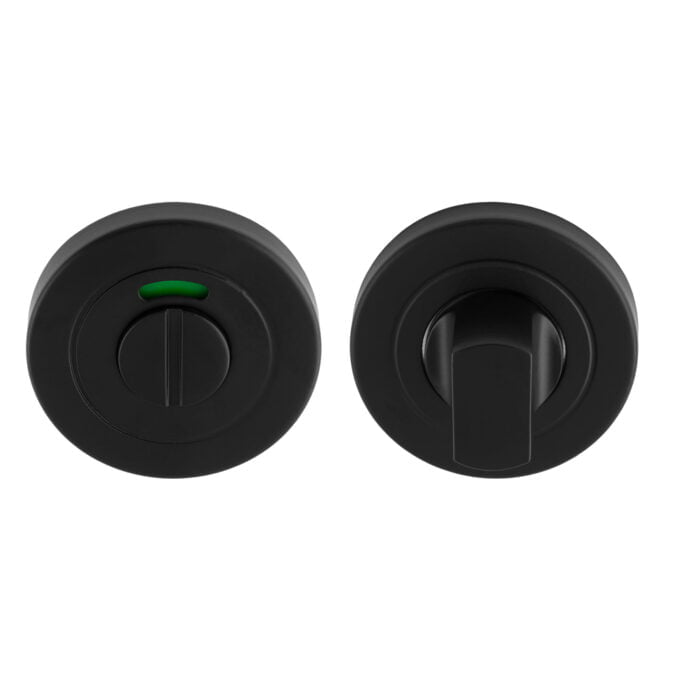 Two black round door knobs, one with green indicator.