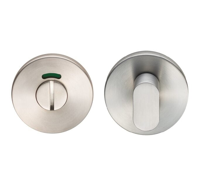 Stainless steel toilet occupancy indicator locks.