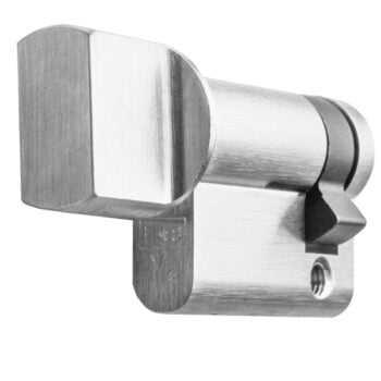 Stainless steel door hinge on white background.