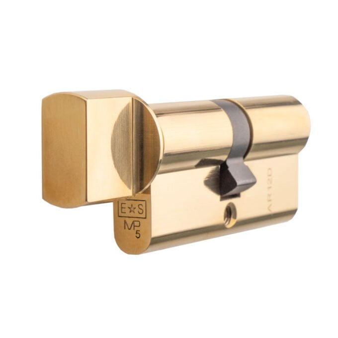 High-security brass cylinder lock on white background.