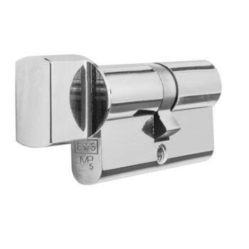 Chrome cylinder lock with keyhole and key.