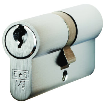 Close-up of a secure cylinder lock with key.
