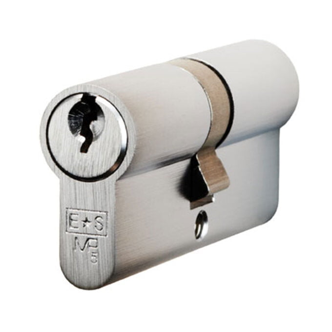 Euro cylinder lock with key close-up.