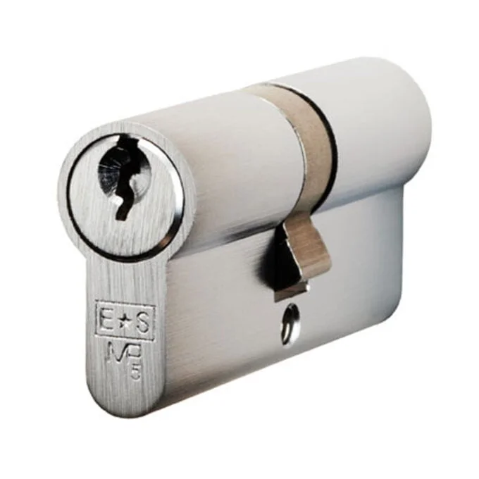 Euro cylinder lock with key close-up.