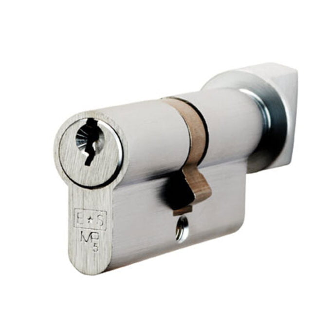 Secure silver cylinder lock with key inserted