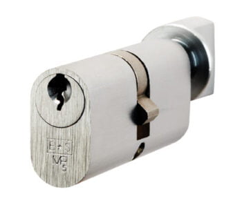 Euro cylinder lock with keyhole, close-up view.