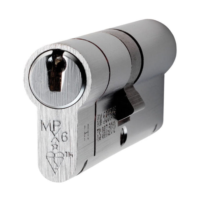 Close-up of a secure metal door lock cylinder.