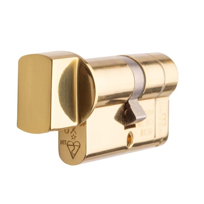 Gold cylinder lock on white background.