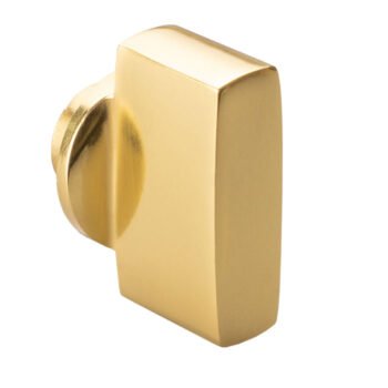 Gold cabinet knob on white background.