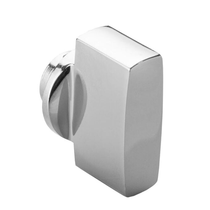 Chrome shower knob on white background.