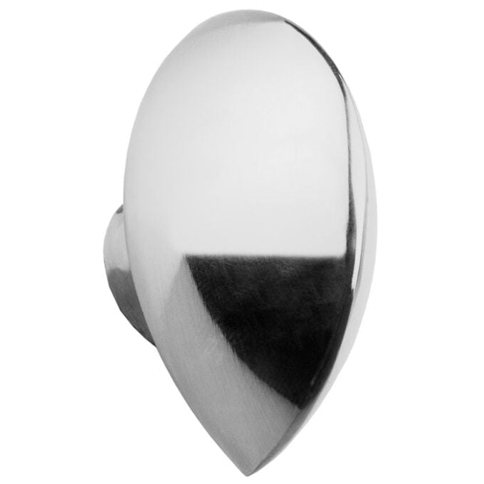 Polished stainless steel door knob on white background.