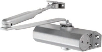 Silver hydraulic door closer mechanism.