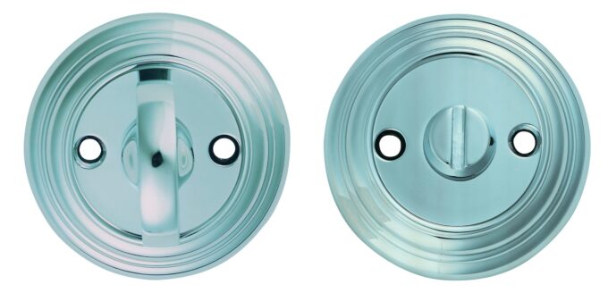 Two chrome door knobs with locking mechanisms.