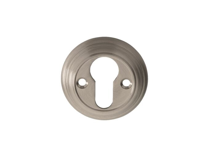 Satin nickel keyhole cover on white background.