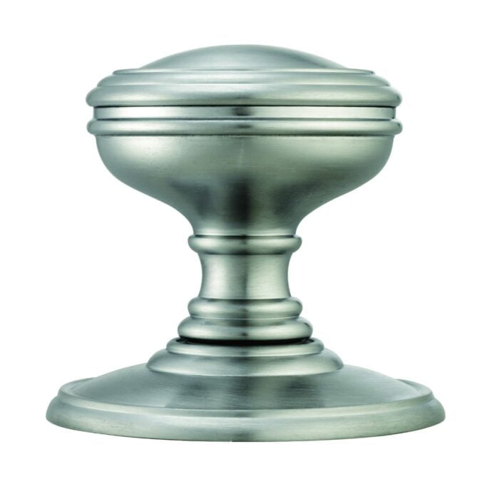 Brushed nickel cabinet knob on white background.