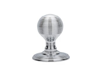 Shiny silver ribbed door knob isolated on white.