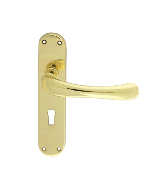 Gold door handle on backplate with keyhole, isolated