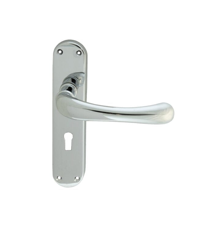 Chrome door handle with keyhole on white background.