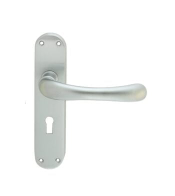 Silver door handle with keyhole on white background.