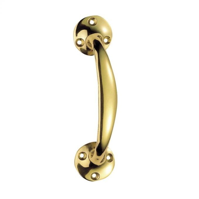 Polished brass handrail bracket against white background