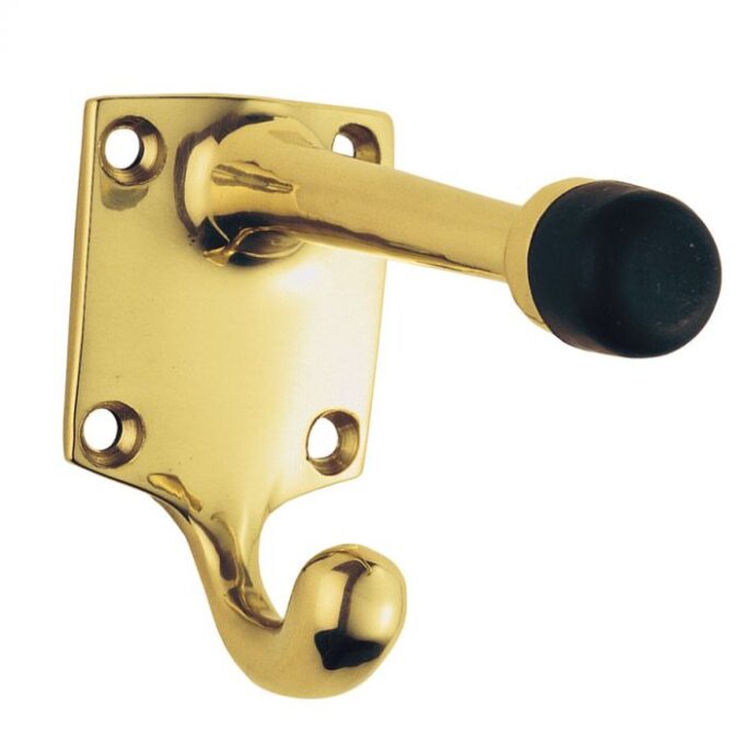 Gold wall-mounted coat hook with black rubber tip.