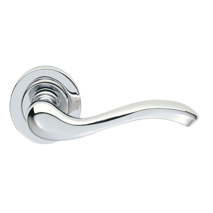 Chrome door handle on white background.