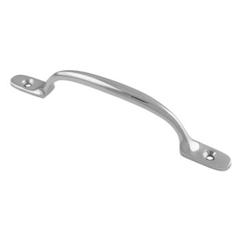Polished chrome sash handle on white background