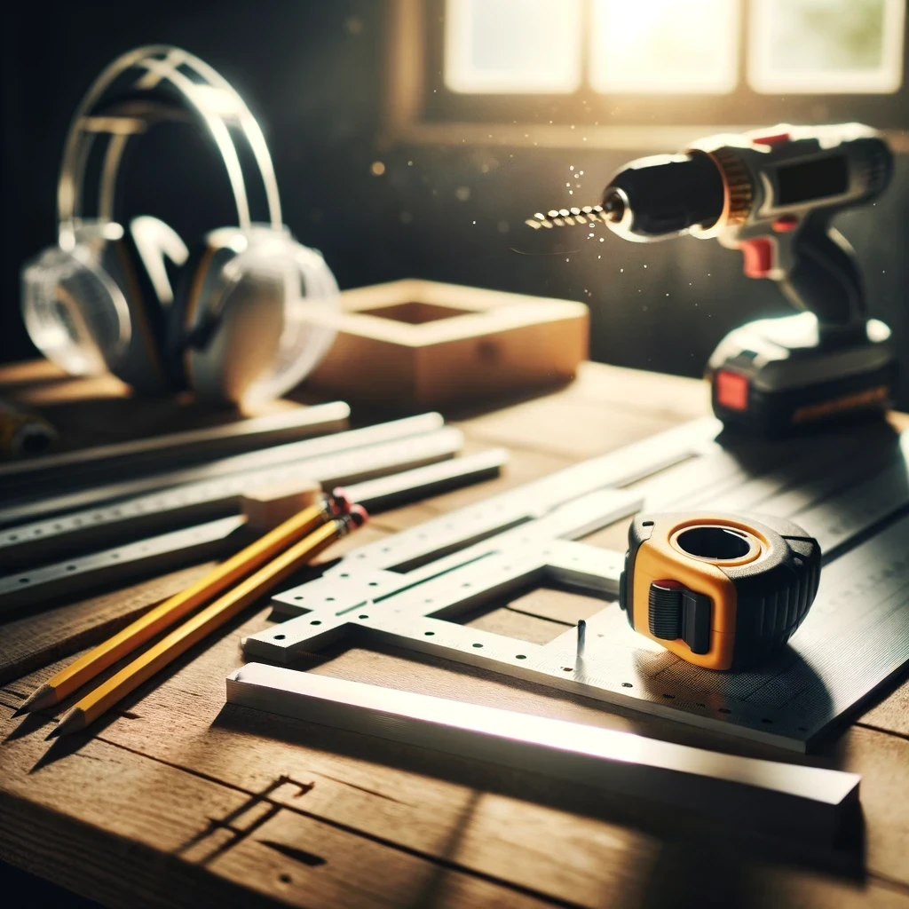 Carpentry tools on wooden workbench in sunlight.